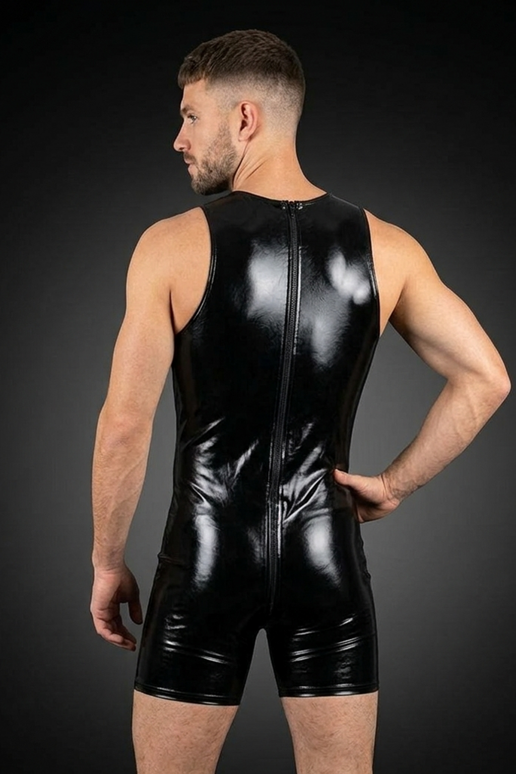 Joyglove Men's PU Leather Bodysuit – Sleeveless One-Piece Jumpsuit with Front Zipper