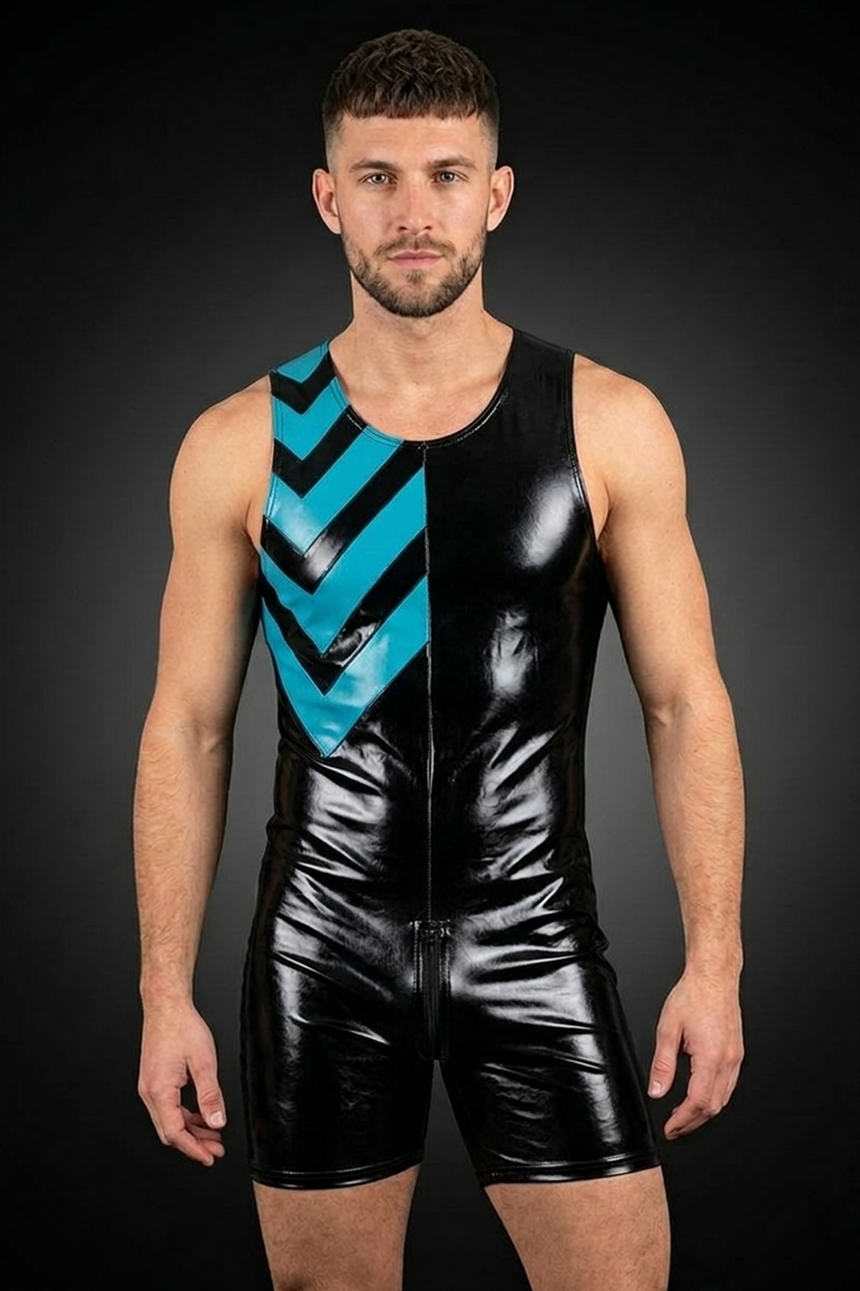 Joyglove Men's PU Leather Bodysuit – Sleeveless One-Piece Jumpsuit with Front Zipper