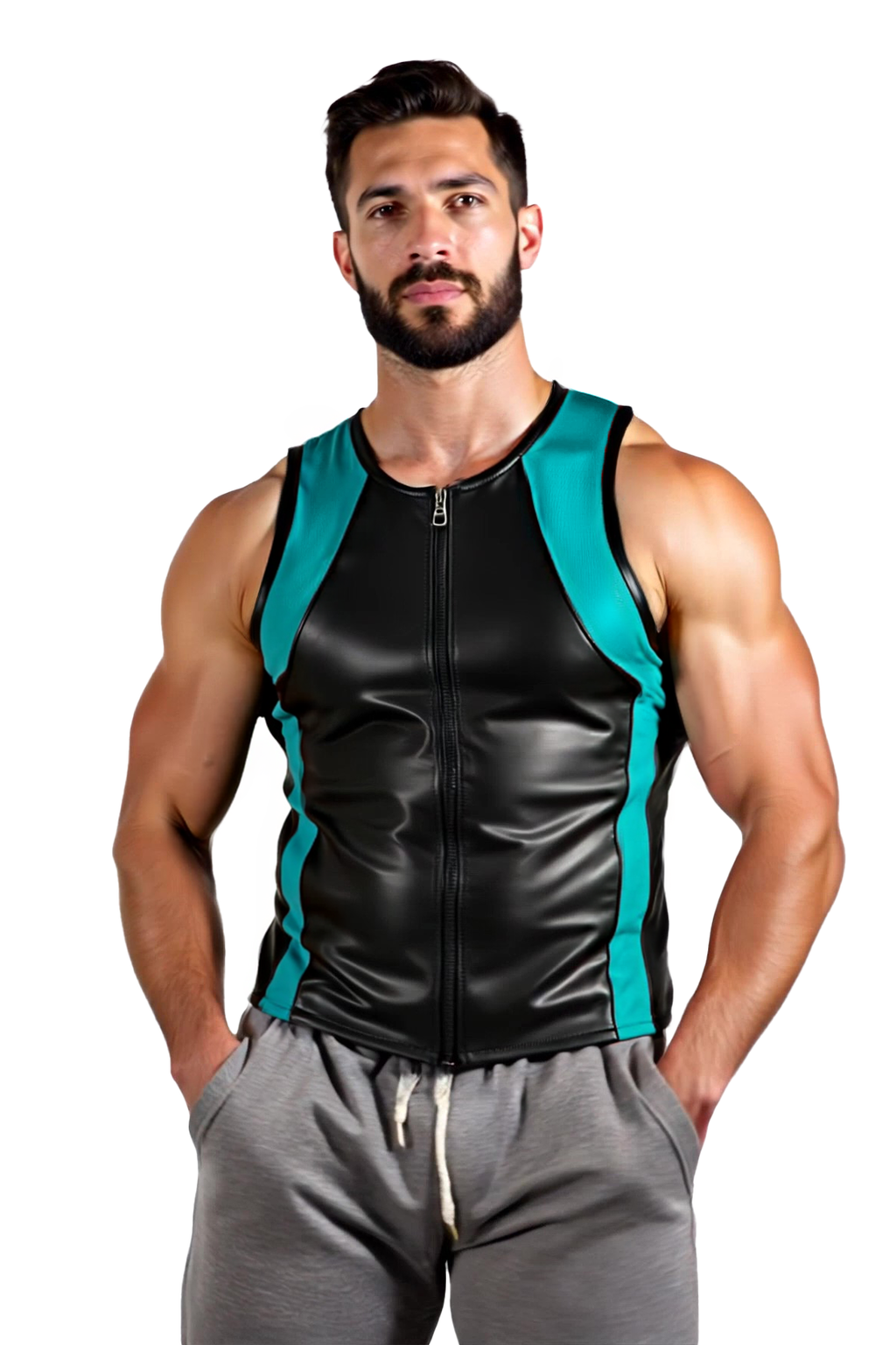 Joyglove Men's Black Faux Leather Tank Top with Red Accents and Zipper【Four colors】
