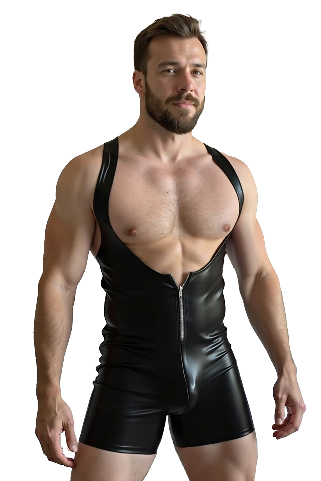 Men's Pink Faux Leather Deep V-Neck Zip-Up Bodysuit