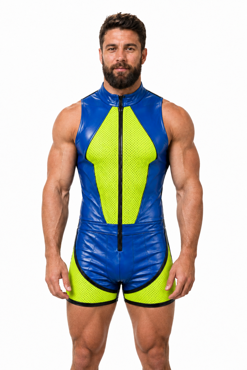 Joyglove Men’s Blue Yellow High-Neck Bodysuit Shorts