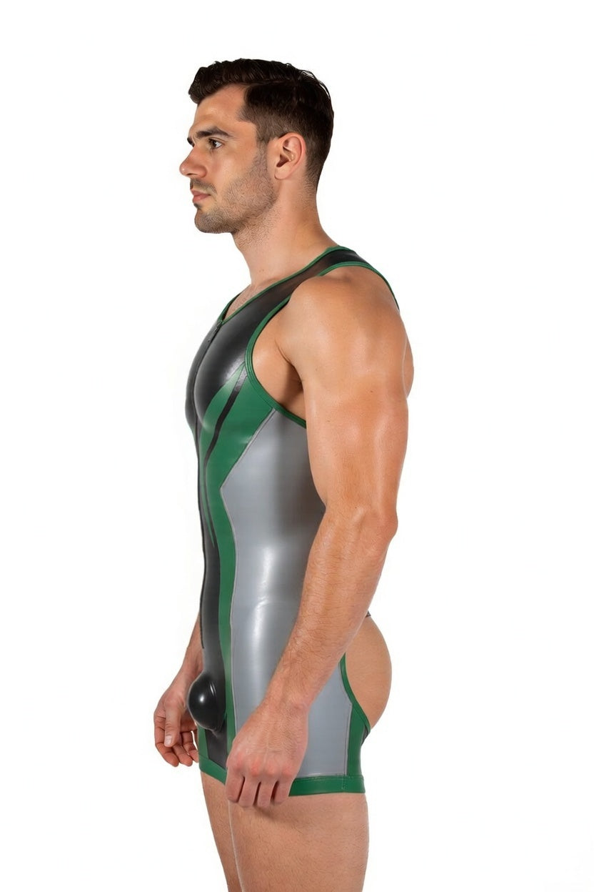 Joyglove Men’s PU Leather Open Back Bodysuit – Sleeveless Zipper Desig
