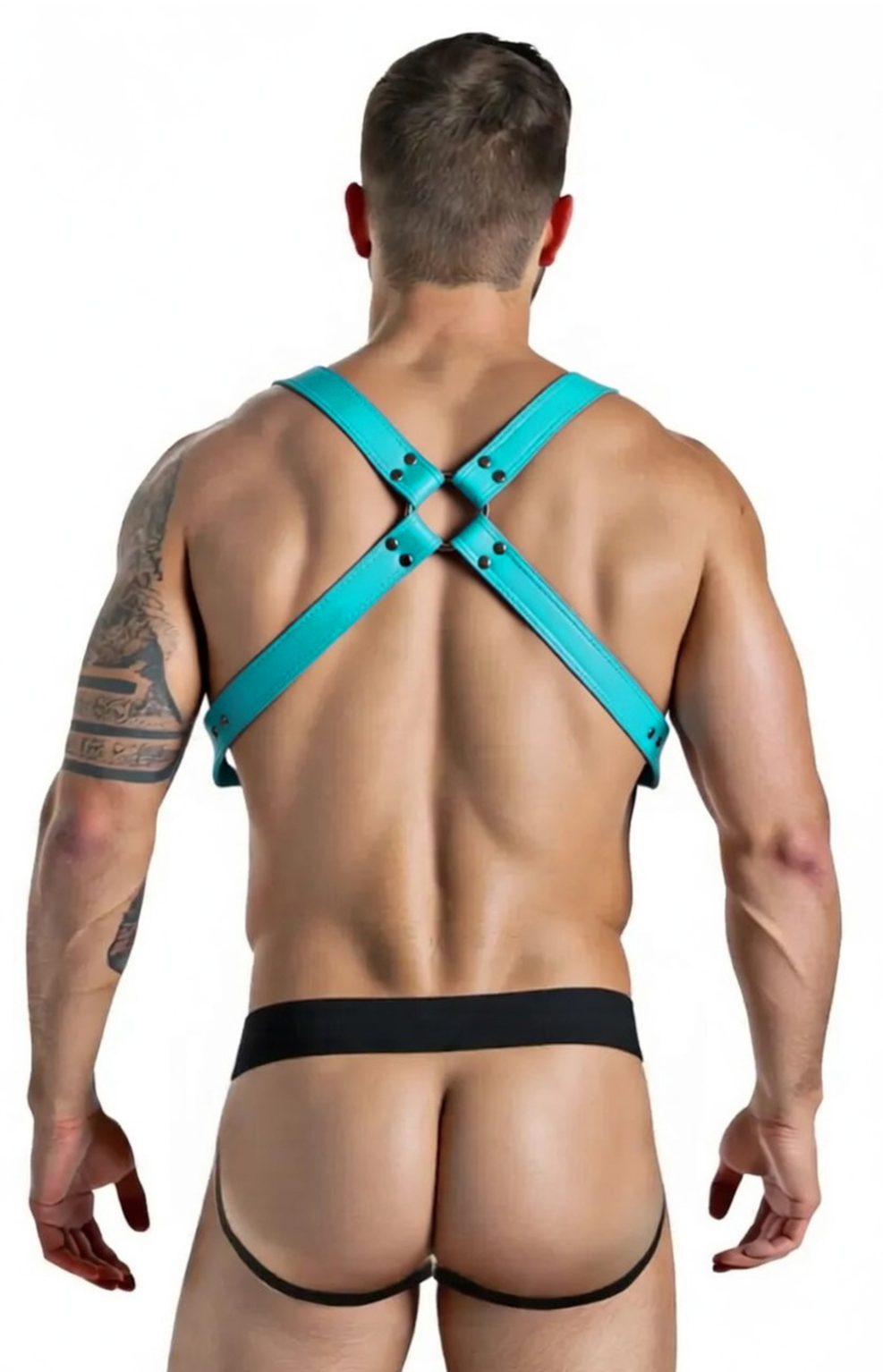 Joyglove Blue PU Leather Harness Jock Set – X-Back Straps with Matching Pouch Thong
