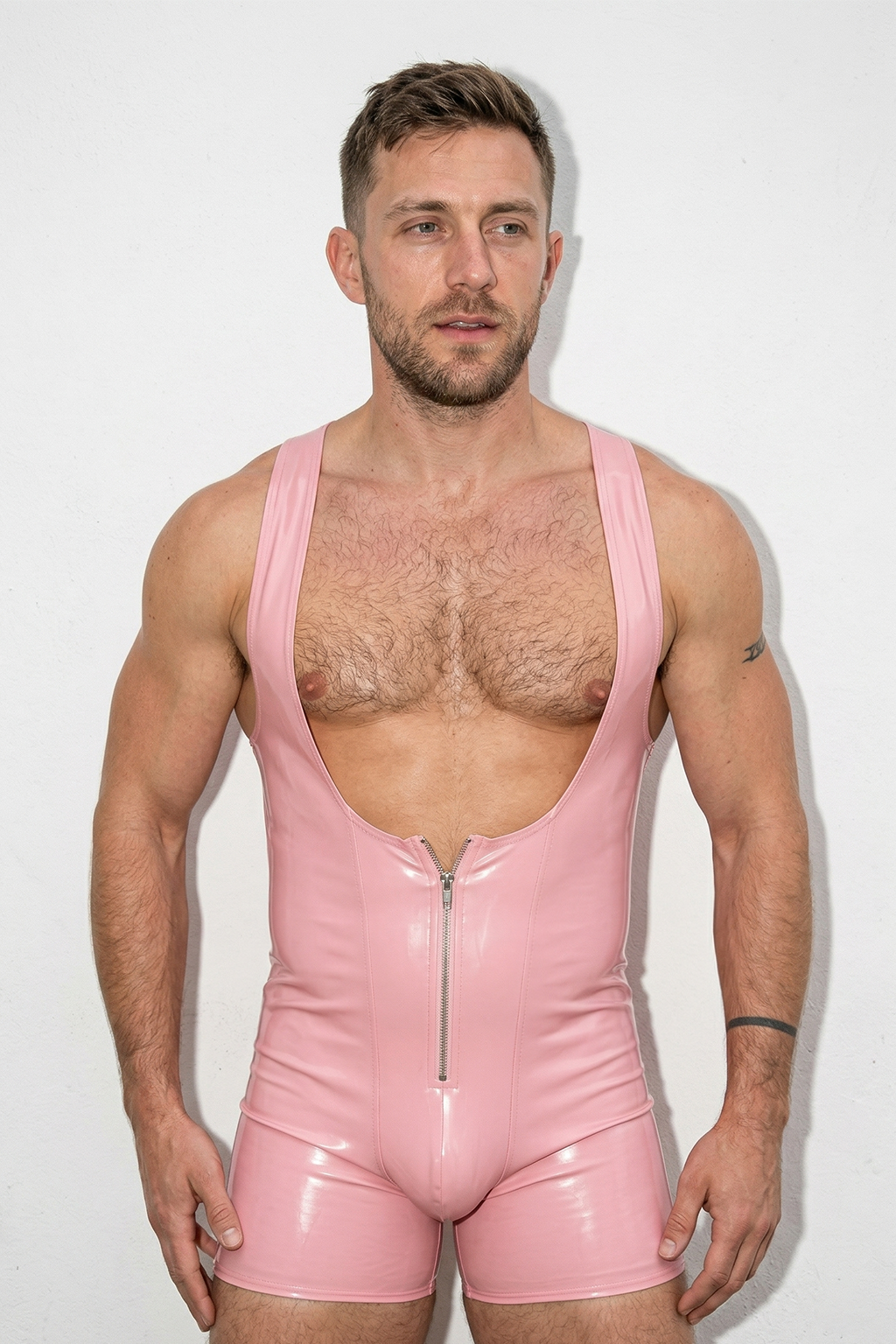 Joylgbt Men's Pink Faux Leather Deep V-Neck Zip-Up Bodysuit	