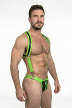 Joylgbt Men's Neon Green Faux Leather Harness and Thong Set	