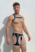 Joylgbt Men's Black & White Trim Faux Leather Harness Top & Cutout Thong Set	