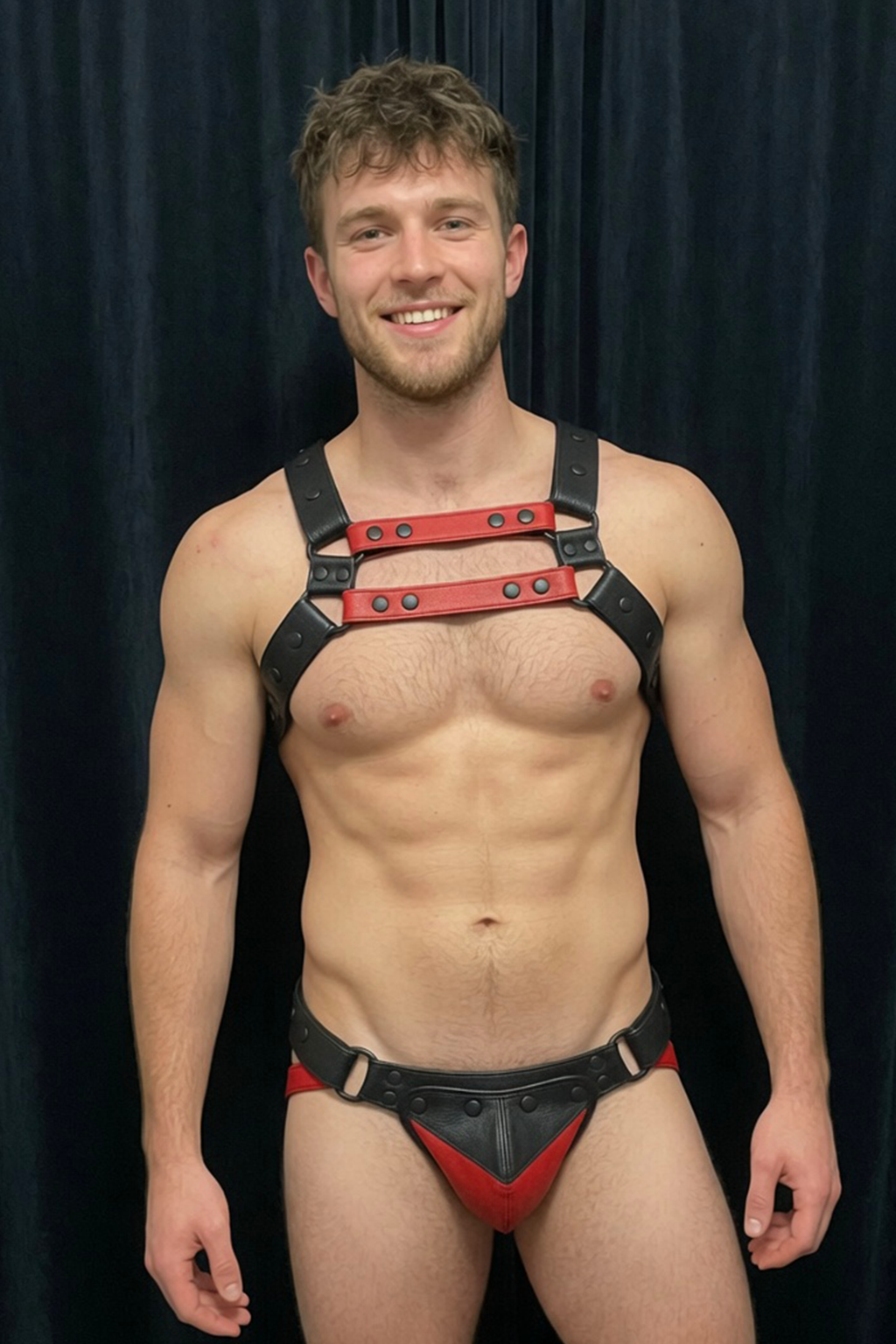 Joyglove Red & Black PU Leather Harness Set — Double Chest Straps + Jockstrap