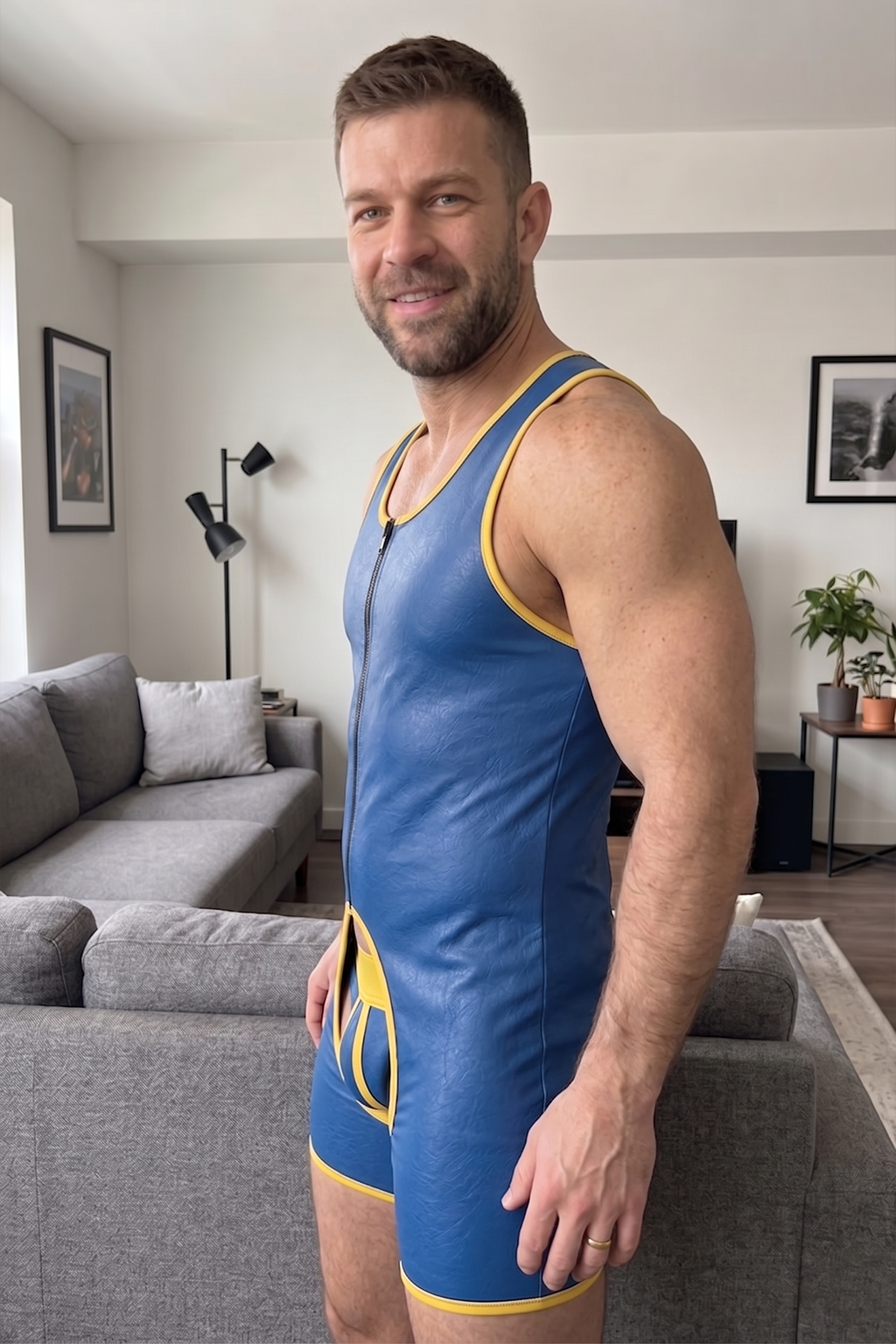 Joyglove Blue Matte PU Leather Bodysuit with Yellow Accents and Rear Cutout.