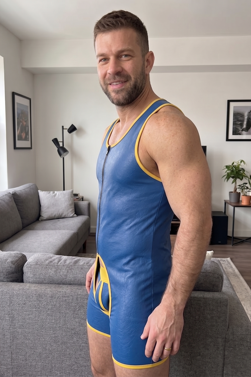 Joyglove Blue Matte PU Leather Bodysuit with Yellow Accents and Rear Cutout.