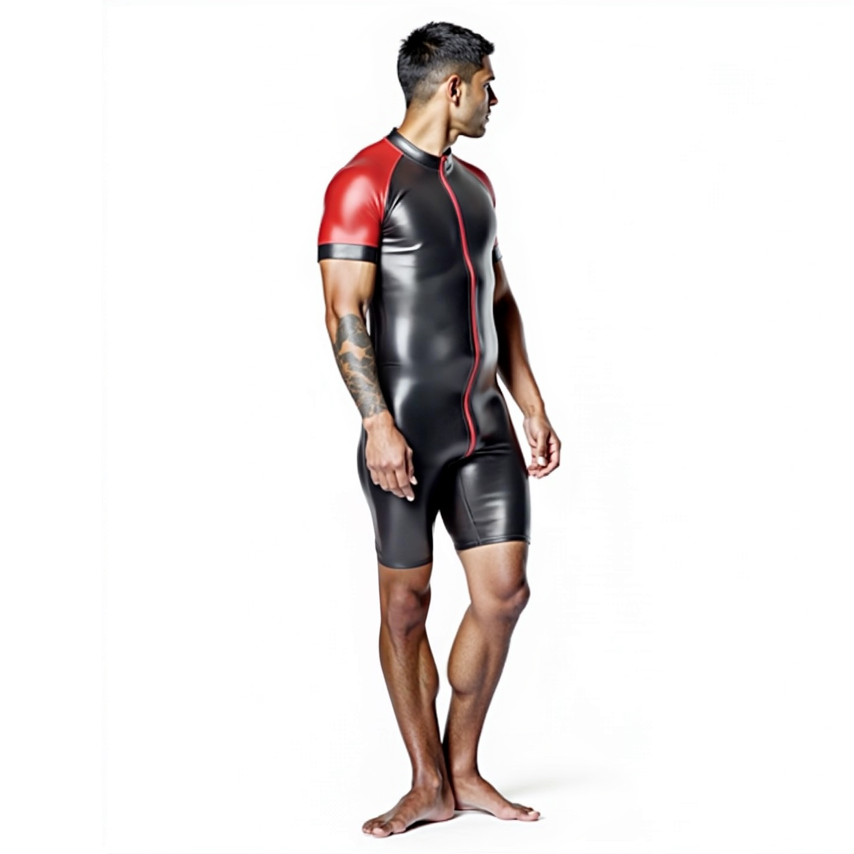Joyglove Shiny Black & Red PU Leather Skin-Tight Romper – Full-Body Zip Jumpsuit