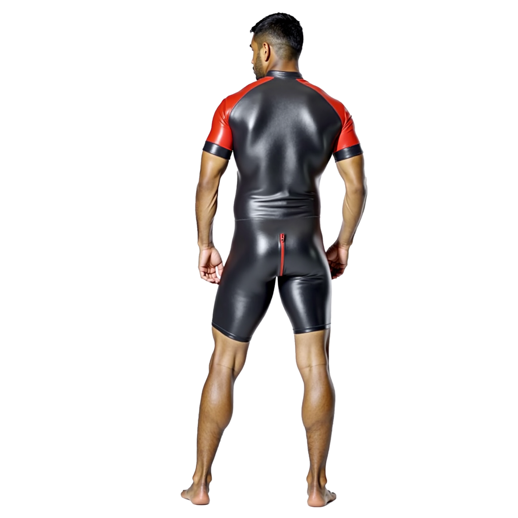 Joyglove Shiny Black & Teal PU Leather Skin-Tight Romper – Full-Body Zip Jumpsuit