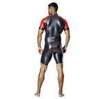 Joyglove Shiny Black & Teal PU Leather Skin-Tight Romper – Full-Body Zip Jumpsuit
