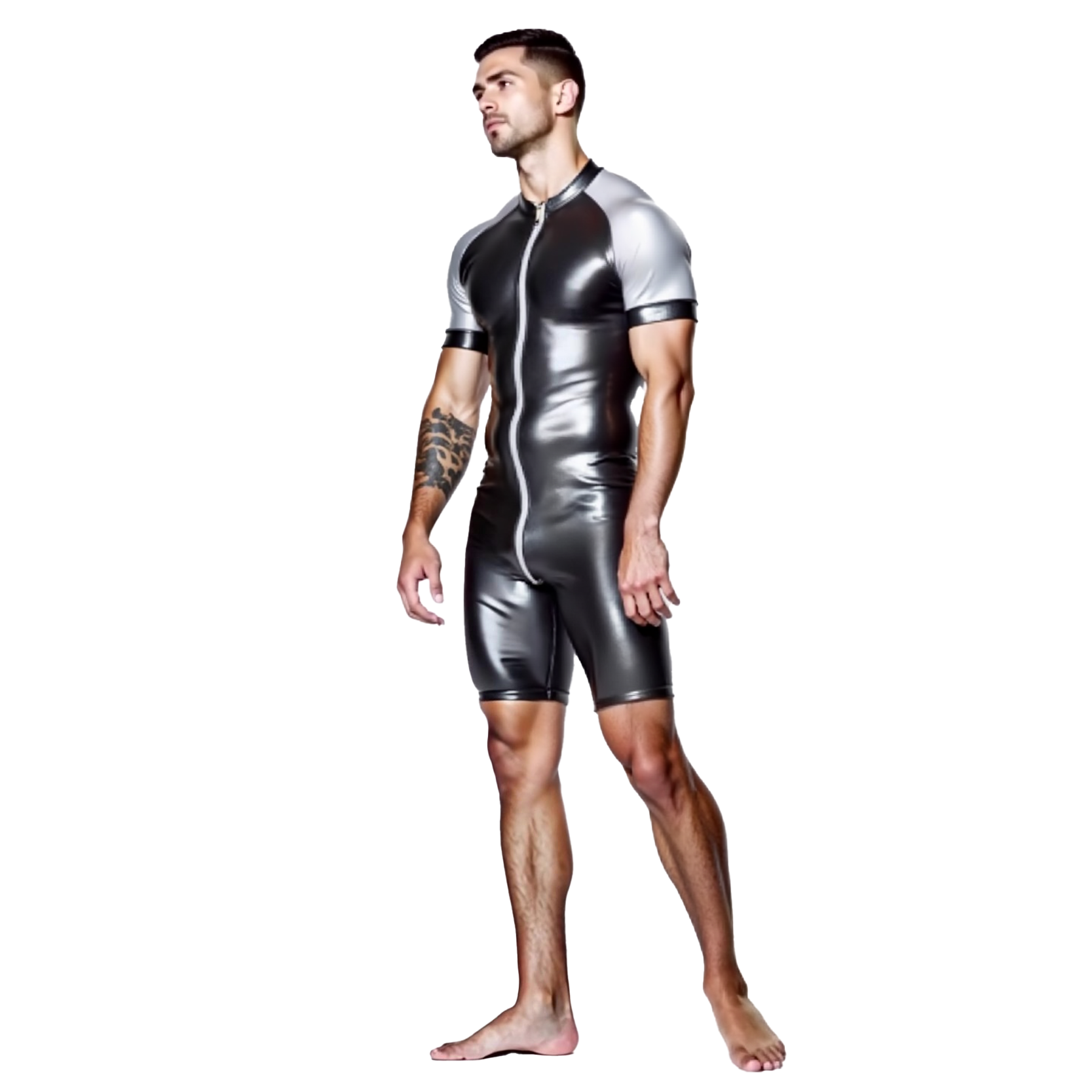 Joyglove Shiny Black & Teal PU Leather Skin-Tight Romper – Full-Body Zip Jumpsuit