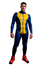 Men's Glossy Colorblock Bodysuit – Blue & Yellow Futuristic One-Piece