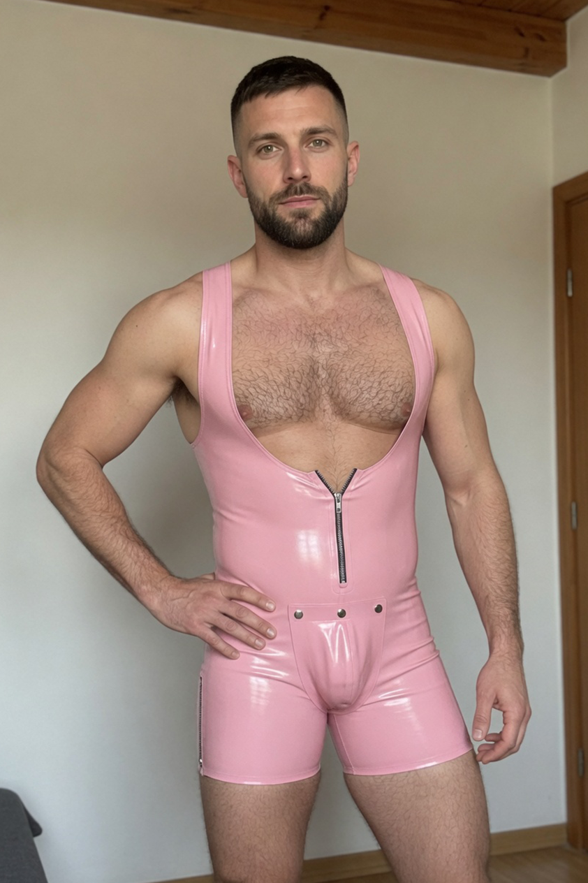 Joyglove Pink PU Leather Singlet – Gloss Finish, Deep U-Neck, Front Zip, Detachable Pouch Pocket
