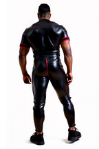 Joyglove Men's Shiny Black Faux Leather Jumpsuit with Red Trim
