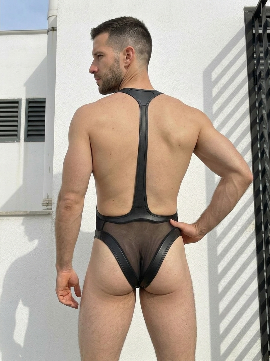 Joyglove Black & Blue PU/Mesh Singlet – See-Through Mesh Insets, Strap Back, Statement Contrast