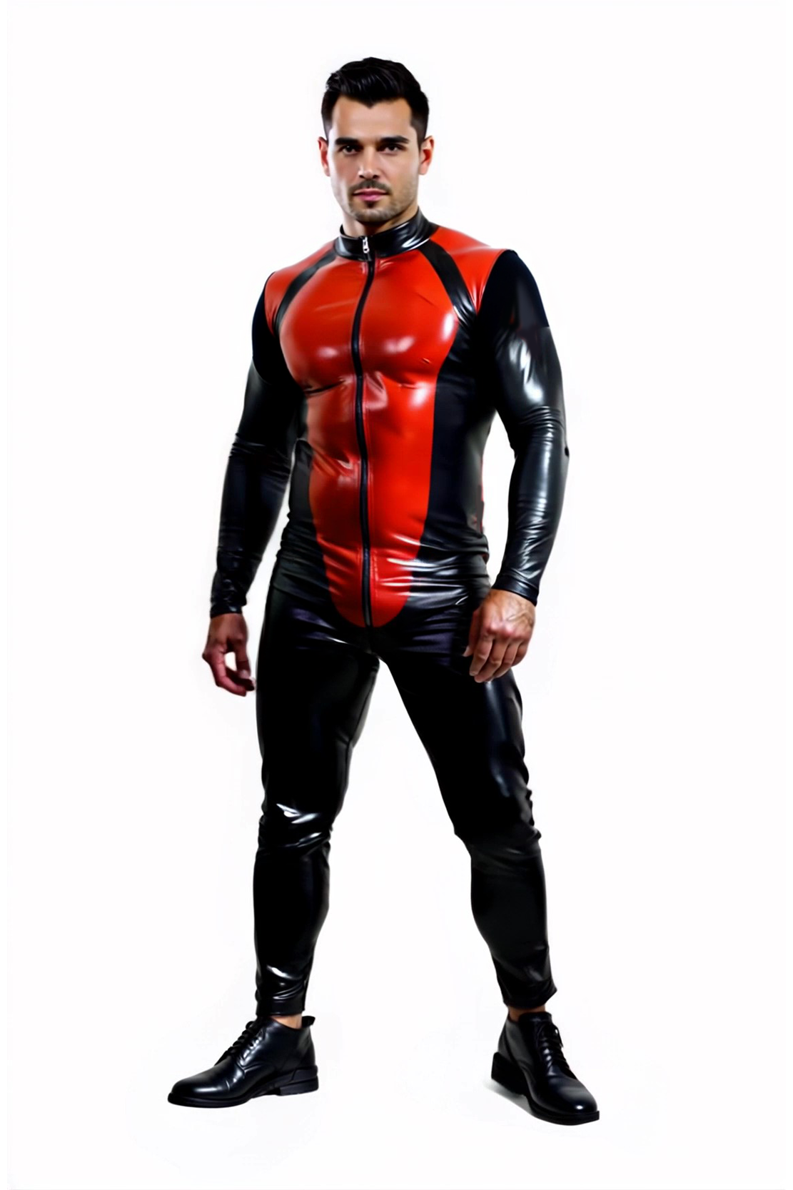Joyglove Men's Red and Black Superhero-Inspired Bodysuit with Zipper Closure