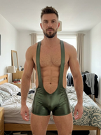 Joyglove Olive Green Shiny Singlet – Deep U-Front, Racerback, Open-Back Jock Cut