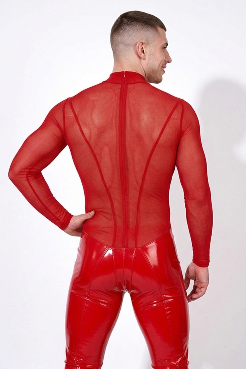 Men’s Red One-Piece Bodysuit – Sheer Mesh Top + Shiny PU Leather Bottom, Back Zip