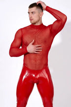 Men’s Red One-Piece Bodysuit – Sheer Mesh Top + Shiny PU Leather Bottom, Back Zip