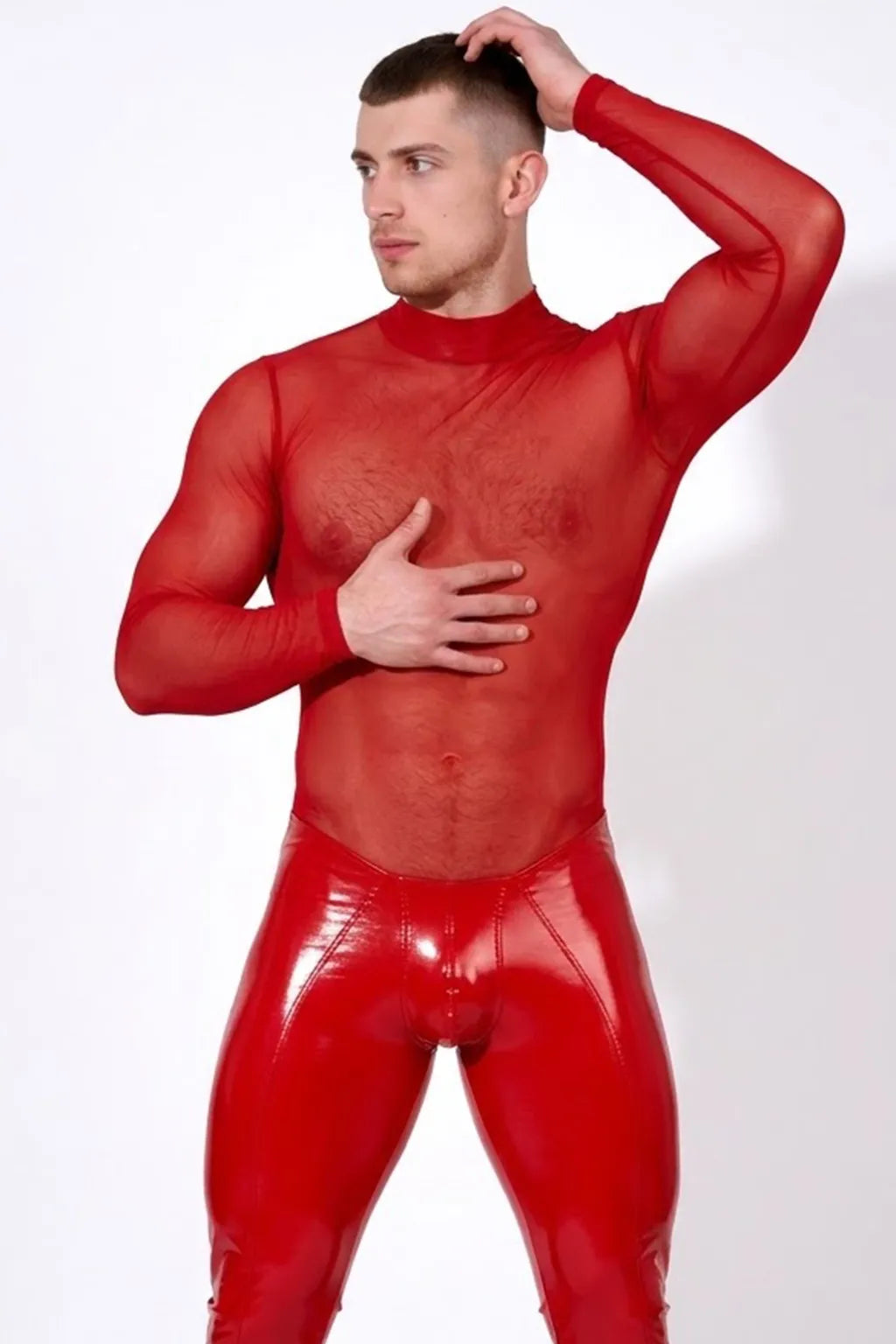 Men’s Red One-Piece Bodysuit – Sheer Mesh Top + Shiny PU Leather Bottom, Back Zip