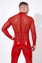 Joyglove Men’s Balck One-Piece Bodysuit – Sheer Mesh Top + Shiny PU Leather Bottom, Back Zip