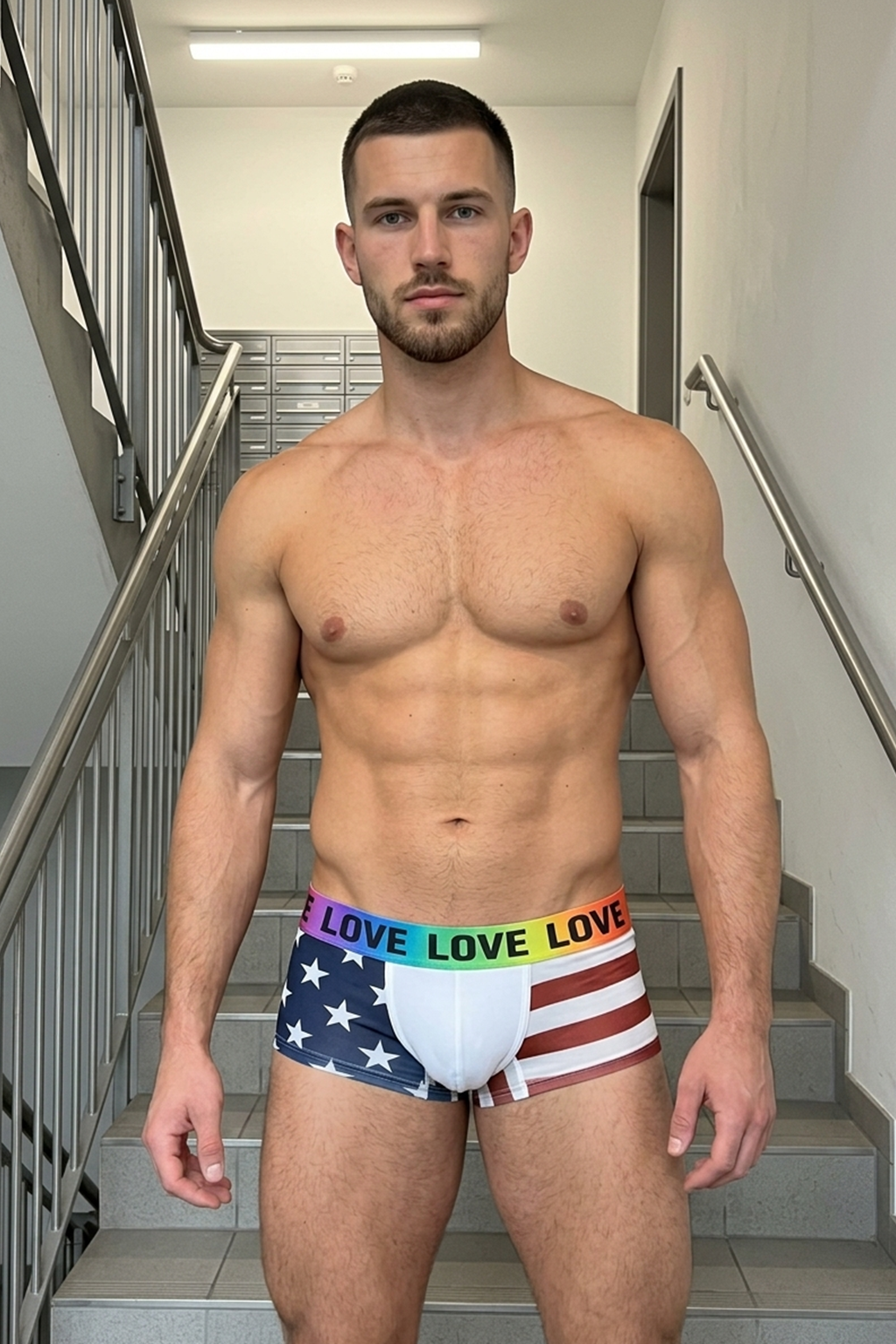 Joyglove LOVE Rainbow Waistband Trunks – USA Flag Print, Bold Pride Style