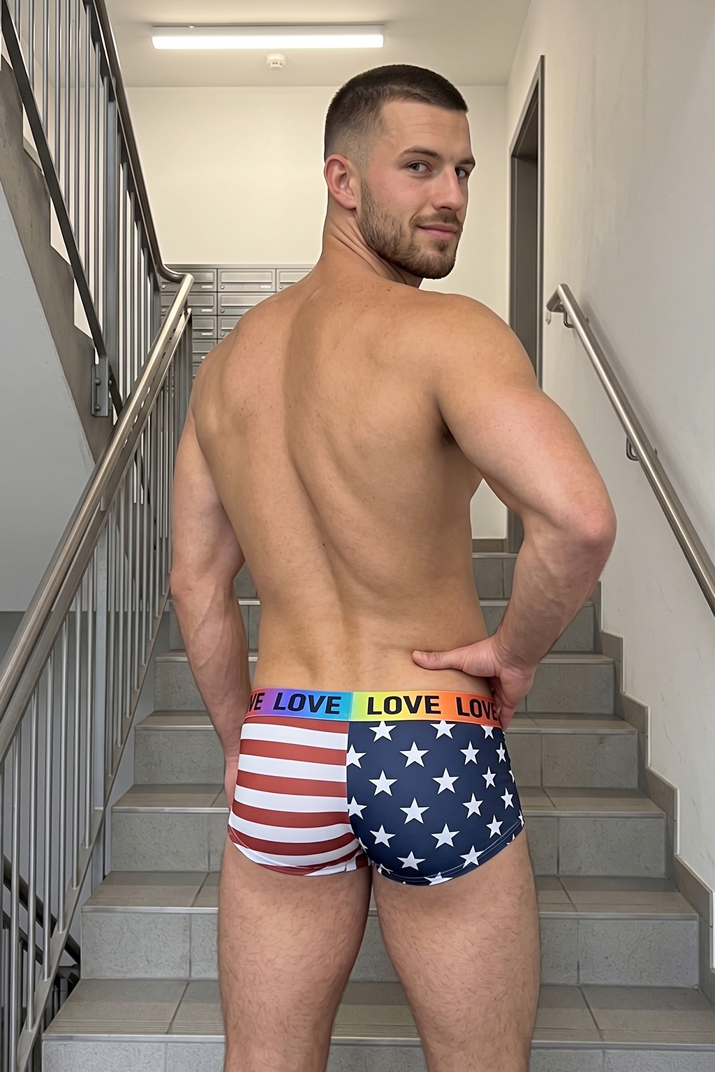 Joyglove LOVE Rainbow Waistband Trunks – USA Flag Print, Bold Pride Style