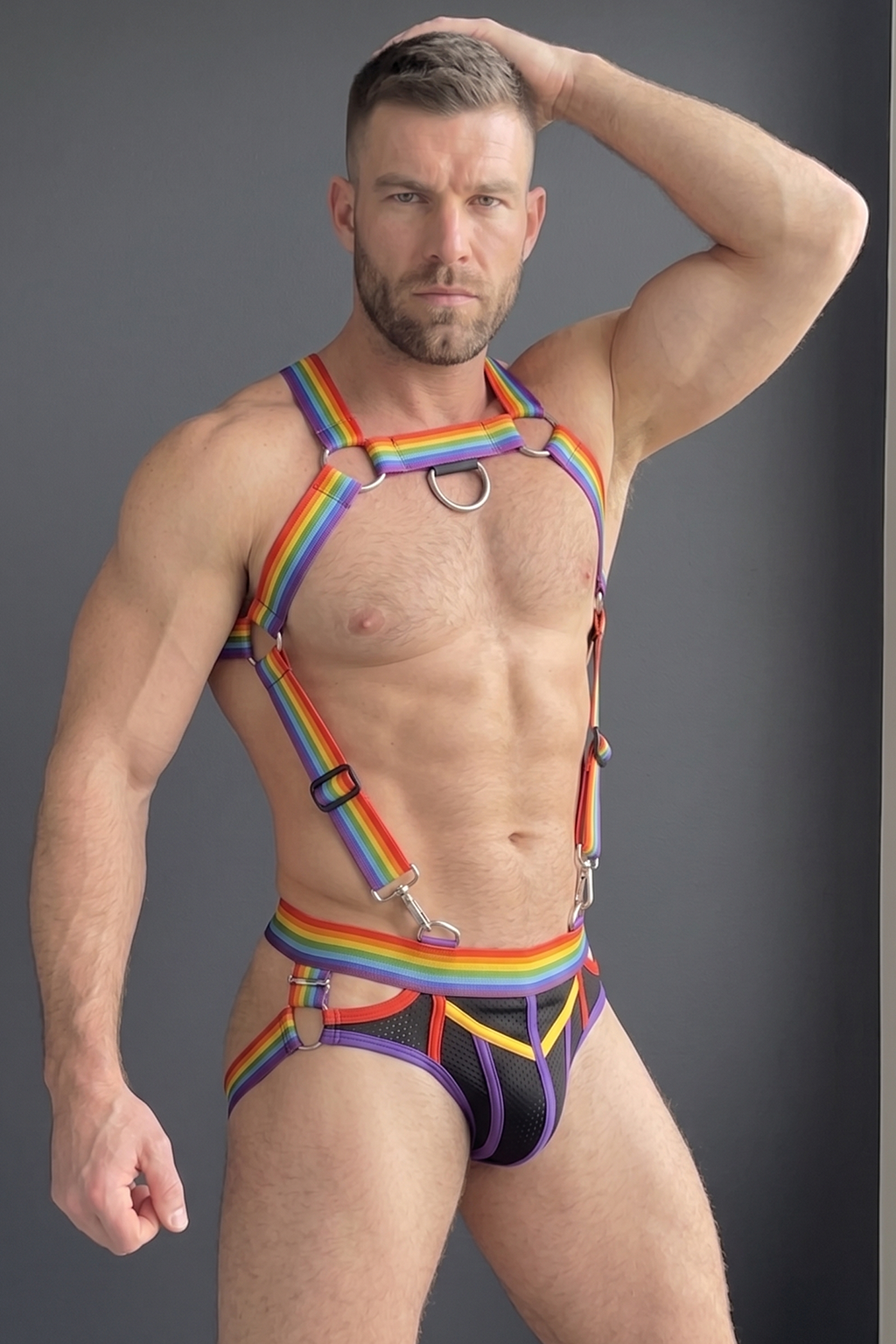 Joyglove Rainbow Pride Harness & Jock Set — Adjustable Straps, Metal O-Rings, Bold Color