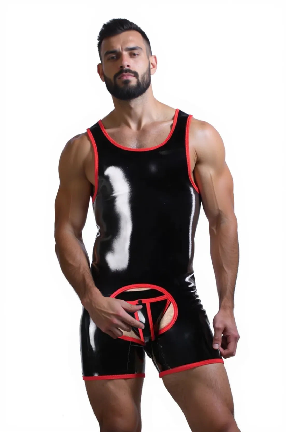 Joyglove Sleek Full-Body Red Bodysuit for Men – Open Front Detail
