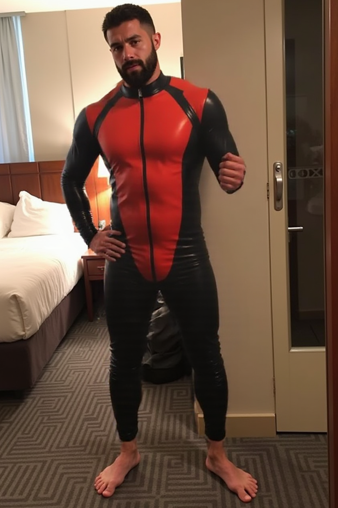 Joyglove Men's Red and Black Superhero-Inspired Bodysuit with Zipper Closure