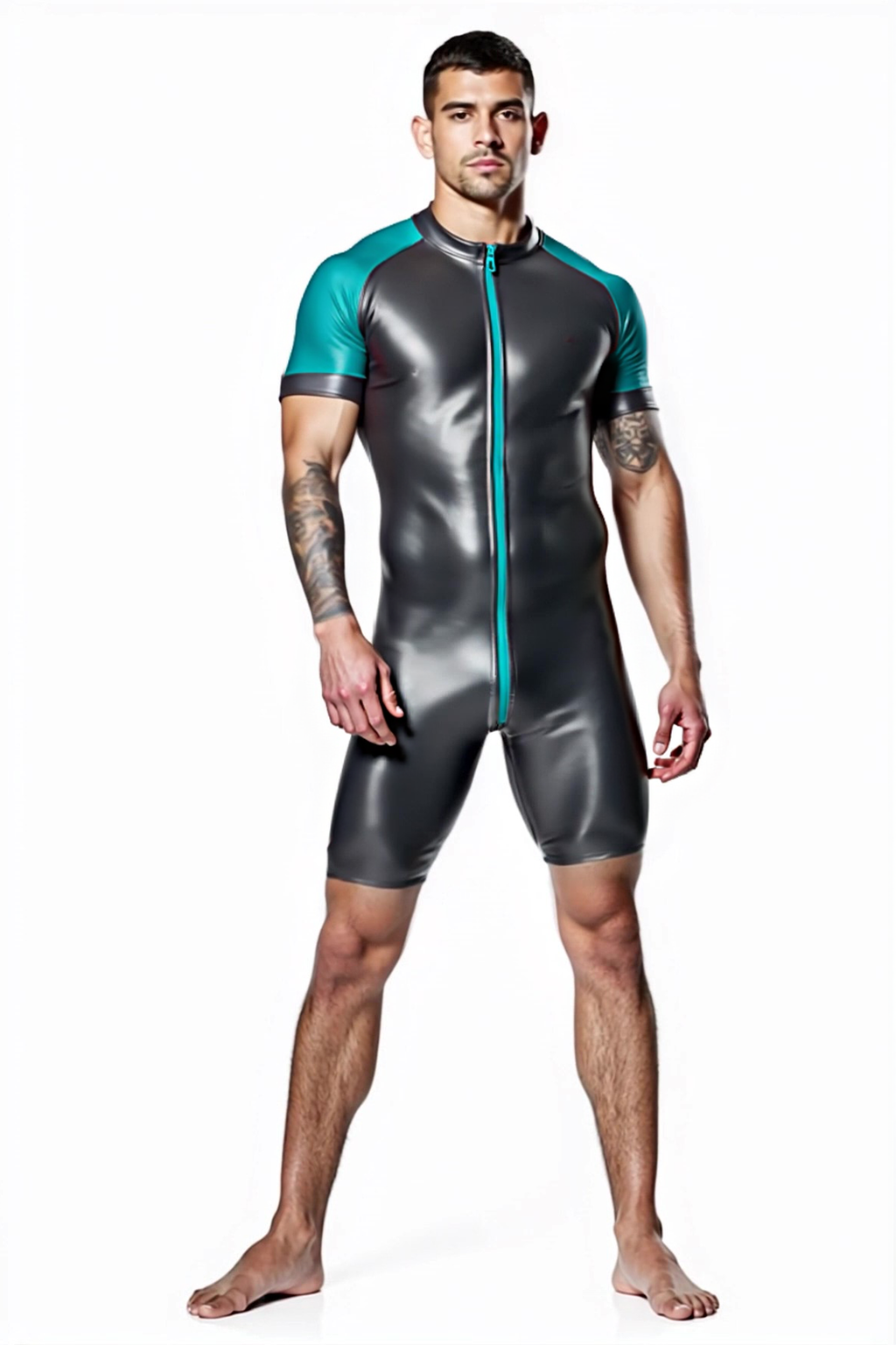 Joyglove Shiny Black & Teal PU Leather Skin-Tight Romper – Full-Body Zip Jumpsuit
