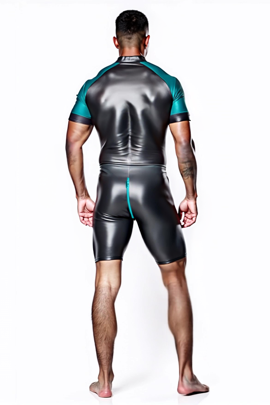 Joyglove Shiny Black & Teal PU Leather Skin-Tight Romper – Full-Body Zip Jumpsuit