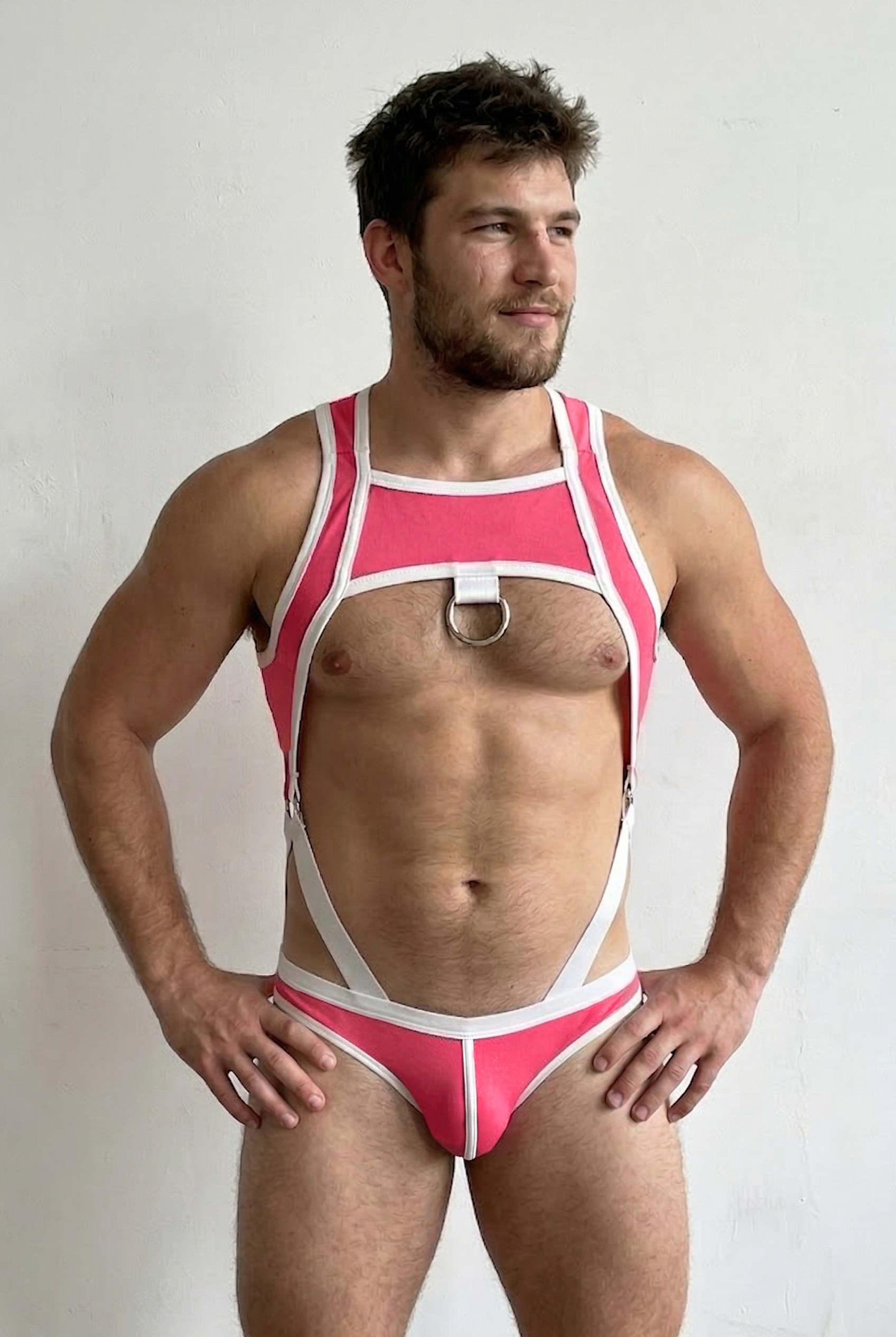Joyglove Pink & White PU Leather Harness Bodysuit with Ring Detail