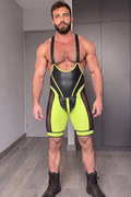 Men's Neon Yellow & Black PU Leather Wrestling Singlet with Breathable Mesh Panels