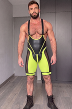 Men's Neon Yellow & Black PU Leather Wrestling Singlet with Breathable Mesh Panels