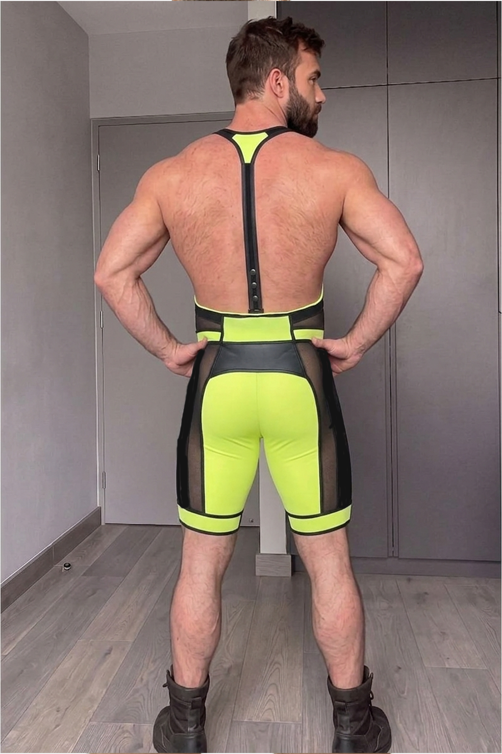 Men's Neon Yellow & Black PU Leather Wrestling Singlet with Breathable Mesh Panels