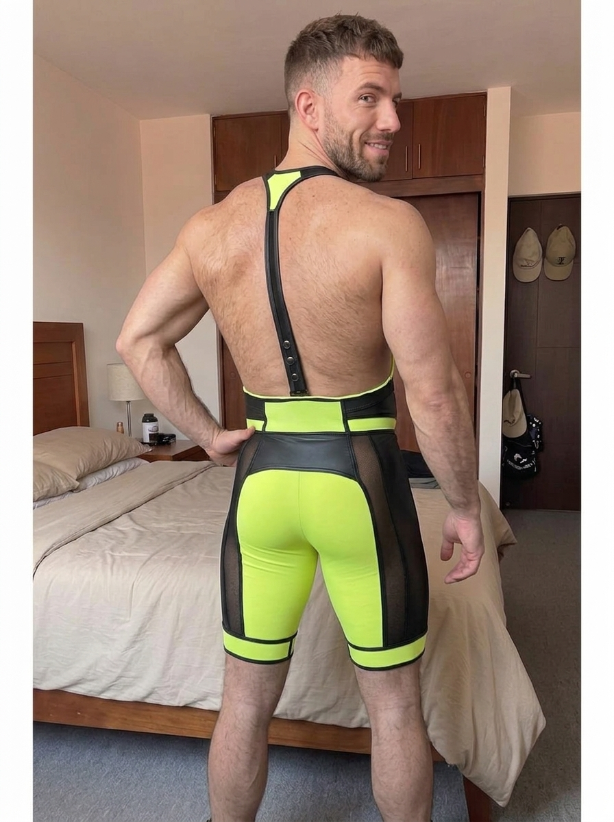 Men's Neon Yellow & Black PU Leather Wrestling Singlet with Breathable Mesh Panels
