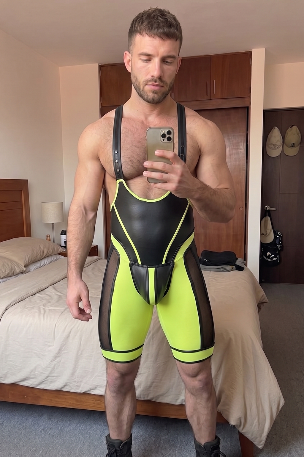 Men's Neon Yellow & Black PU Leather Wrestling Singlet with Breathable Mesh Panels
