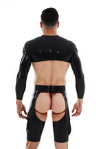 Joyglove Men’s Black PU Leather Crop Top with Open Crotch and Butt Cutout Shorts