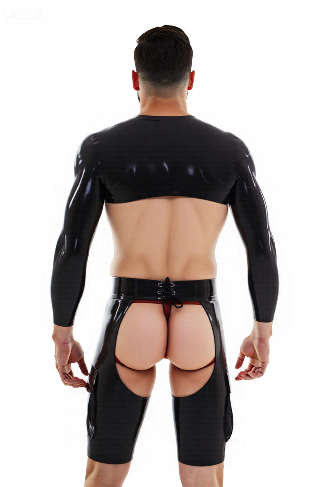Joyglove Men’s Black PU Leather Crop Top with Open Crotch and Butt Cutout Shorts