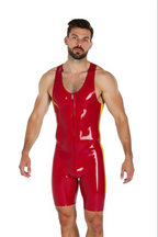 Joyglove Men's Wet Look PU Leather Wrestling Singlet with Zipper – Black / Red
