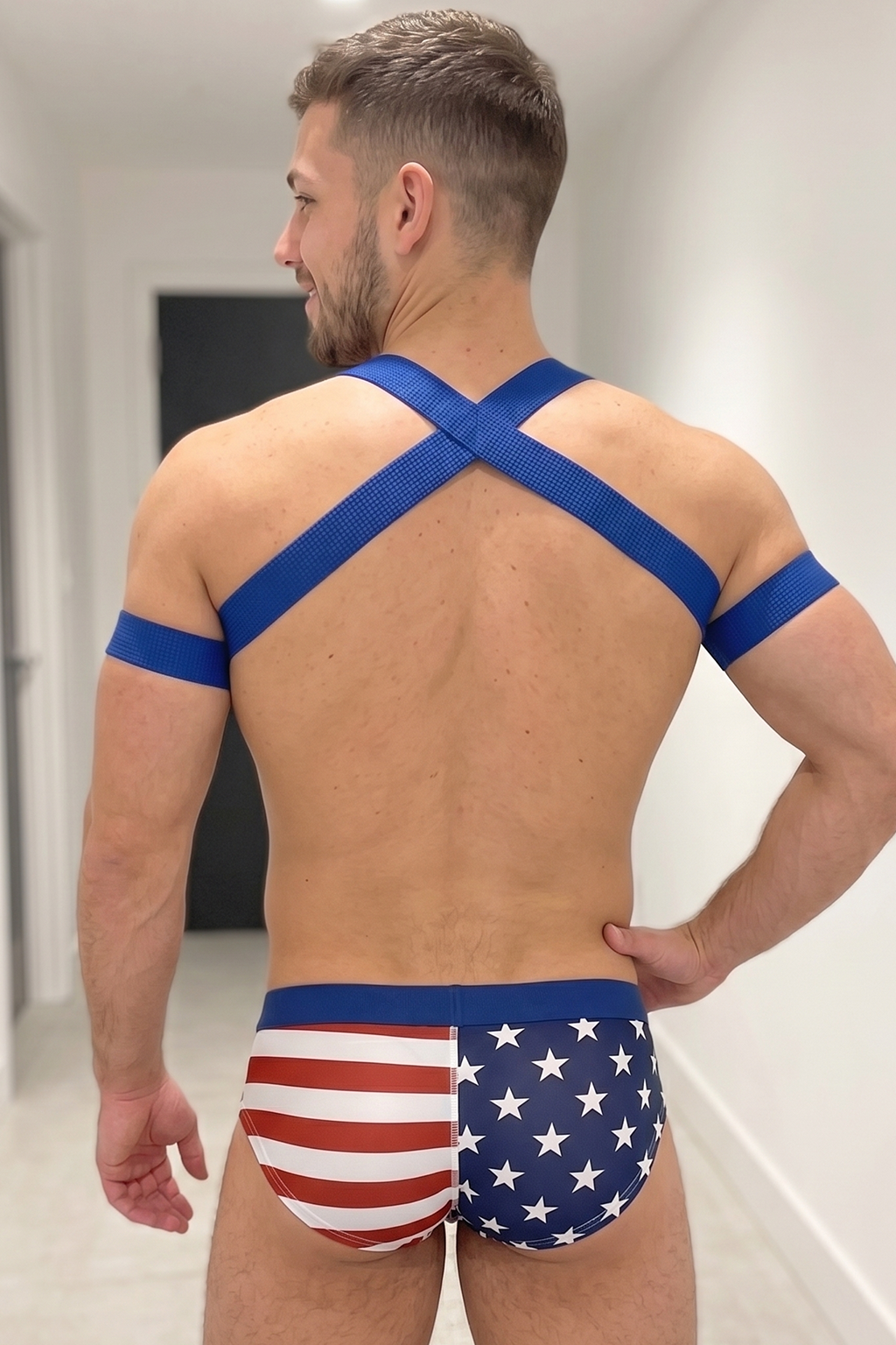Joylgbt Men’s Blue Elastic Chest Harness + USA Flag Trunks Set	