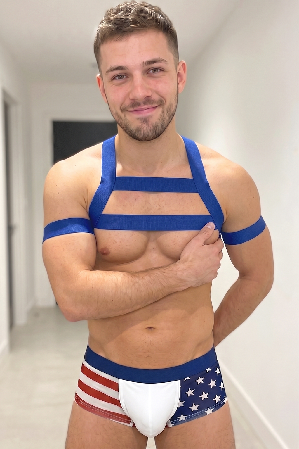 Joylgbt Men’s Blue Elastic Chest Harness + USA Flag Trunks Set	