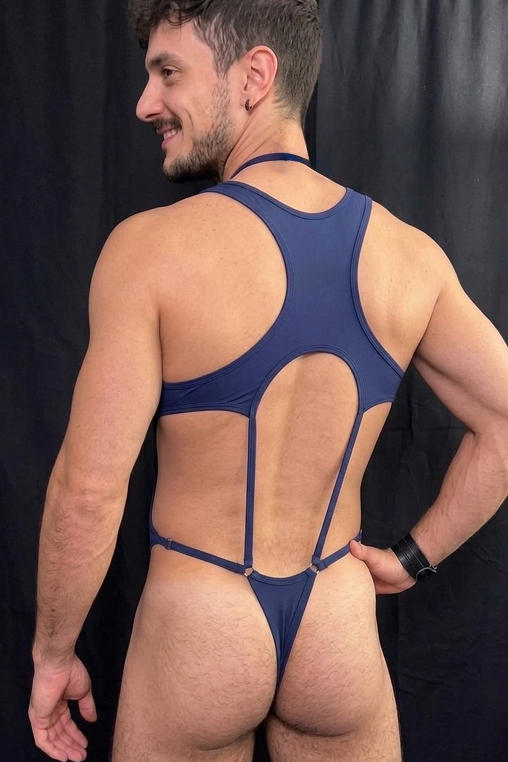 Joyglove Navy Cutout Bodysuit — Cross-Neck Straps, Open Torso, Thong Back