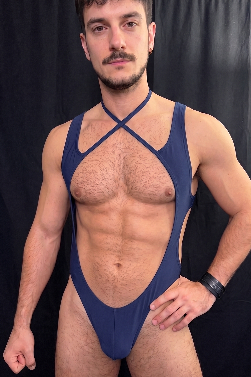 Joyglove Navy Cutout Bodysuit — Cross-Neck Straps, Open Torso, Thong Back