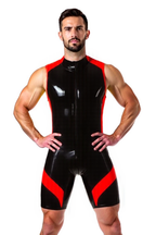 Joylgbt Men’s High-Neck PU Singlet Bodysuit – Glossy Black with Yellow Accents	