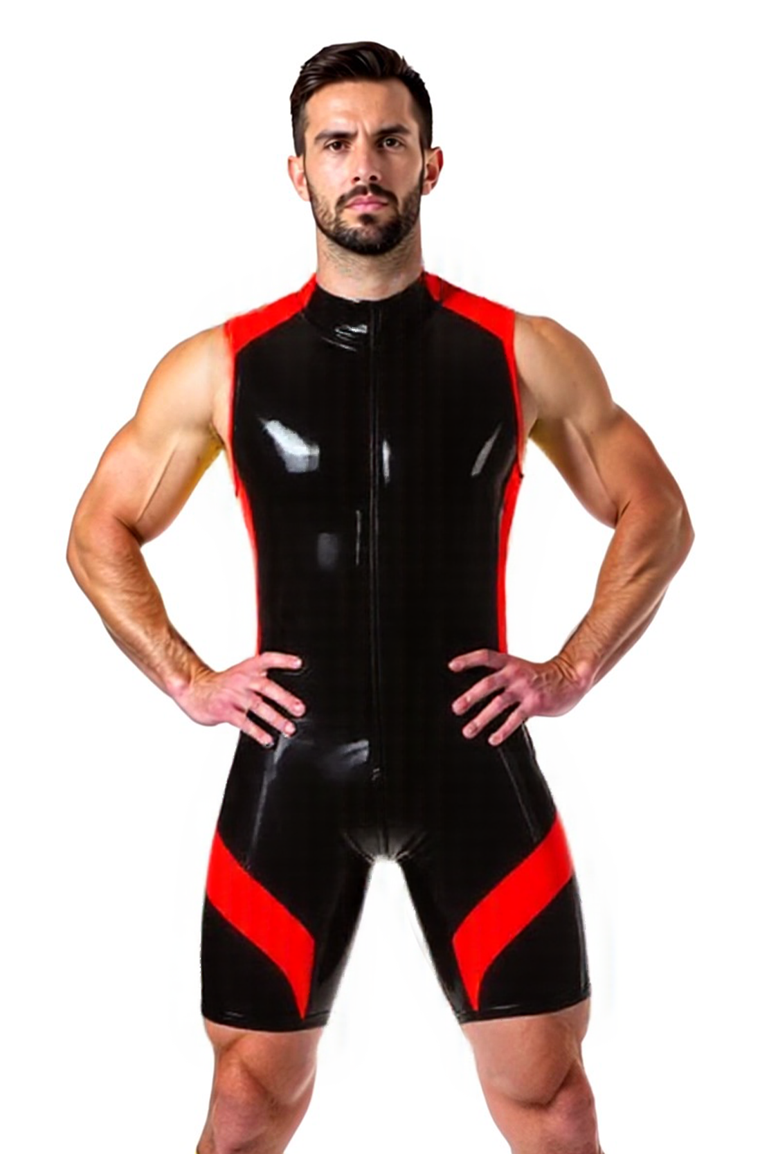 Joylgbt Men’s High-Neck PU Singlet Bodysuit – Glossy Black with Yellow Accents	