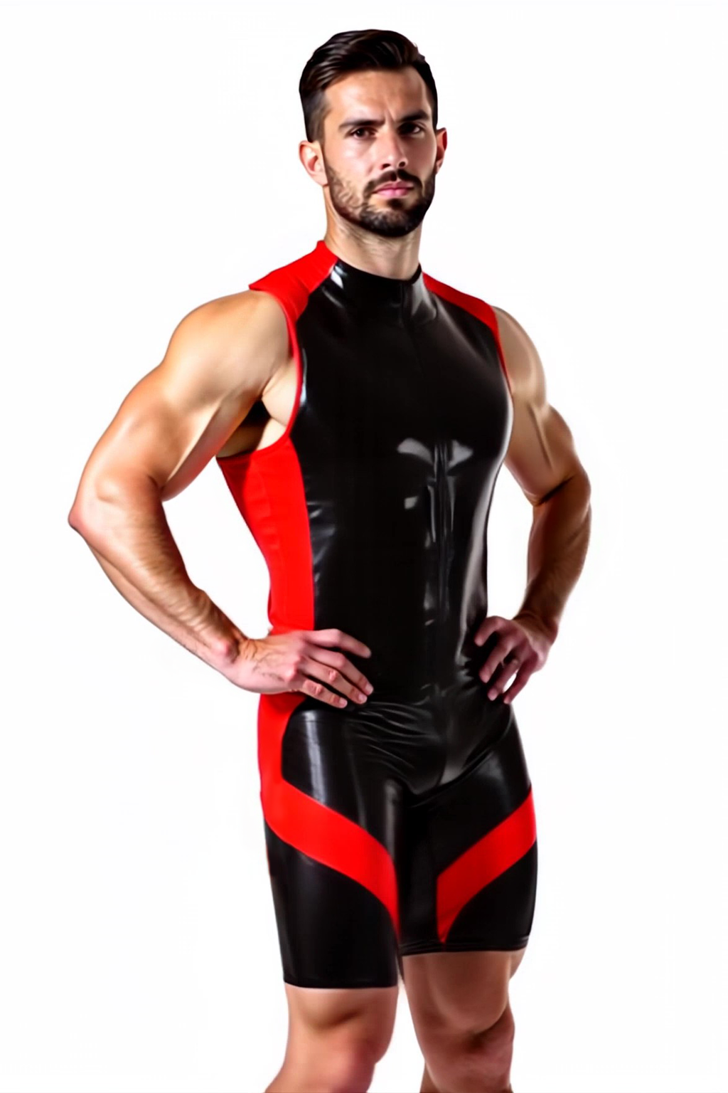 Joylgbt Men’s High-Neck PU Singlet Bodysuit – Glossy Black with Yellow Accents	